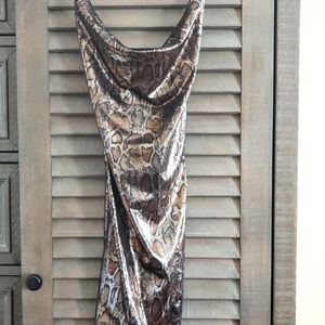 Metallic animal print short cocktail dress cowl neck small